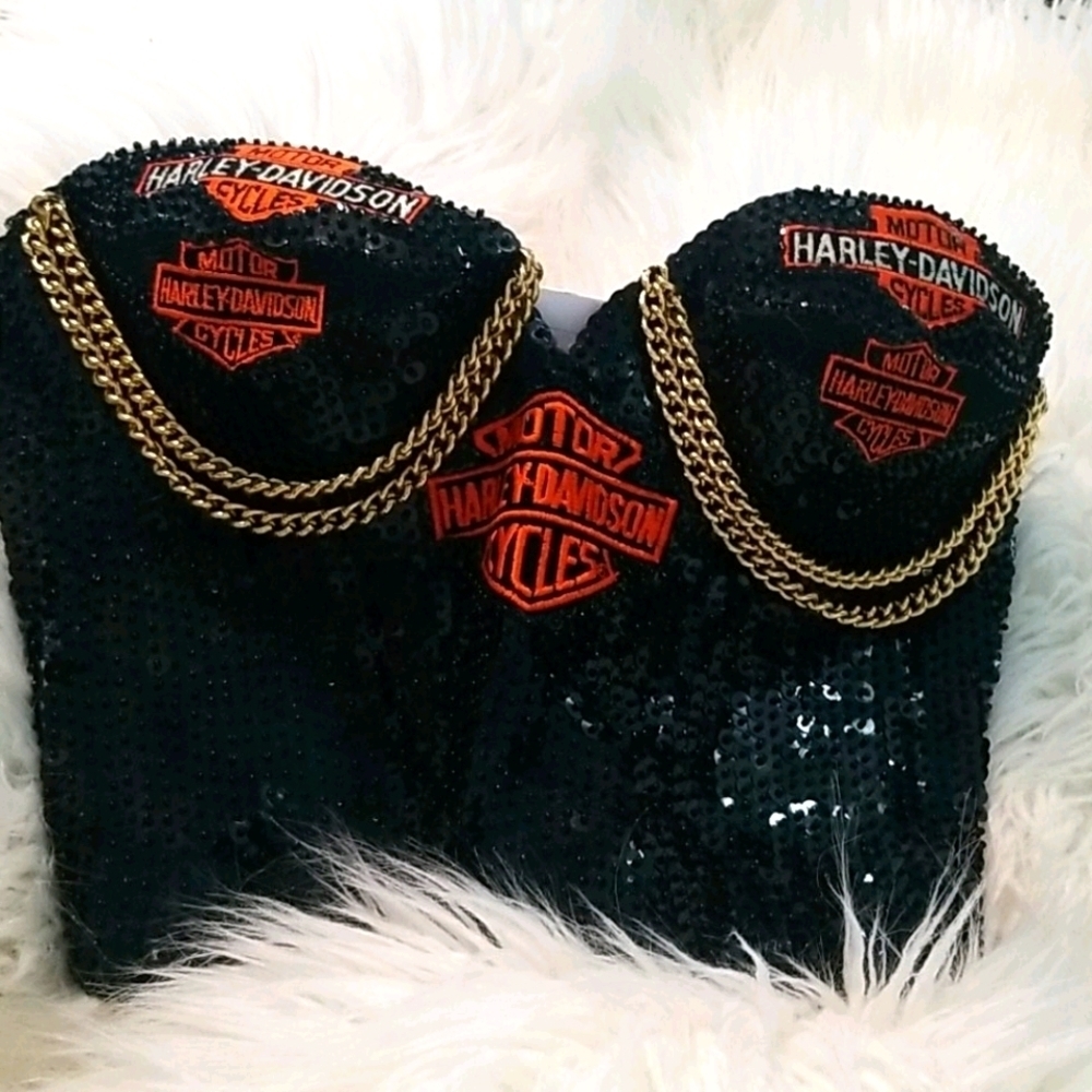 Black sequin  harley patch chain corset rare!